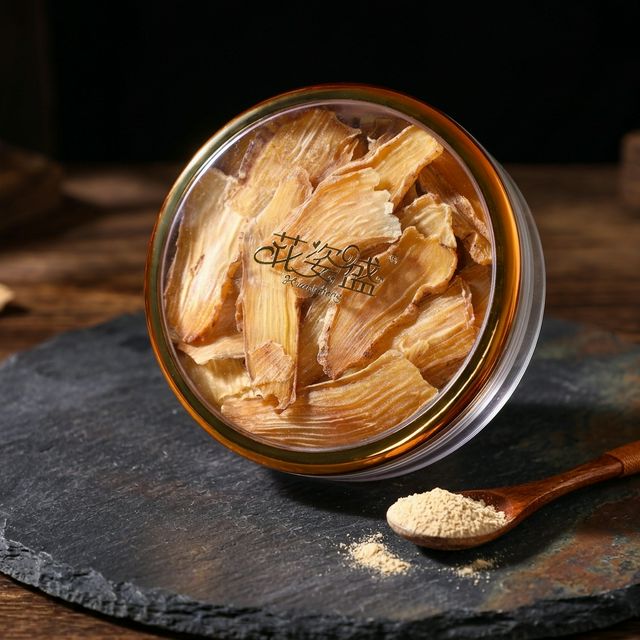 花姿盛天麻干品与天麻粉特写，粉质细腻色泽淡黄