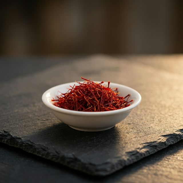 花姿盛伊朗藏红花全丝近景,暗红花丝置于深色石板上