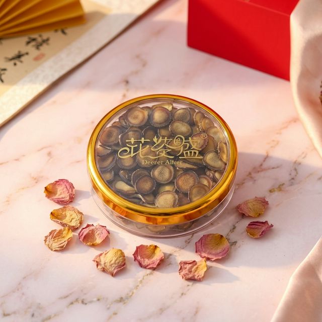 花姿盛鹿茸蜡片产品特写,粉色大理石台面上金黄半透明切片