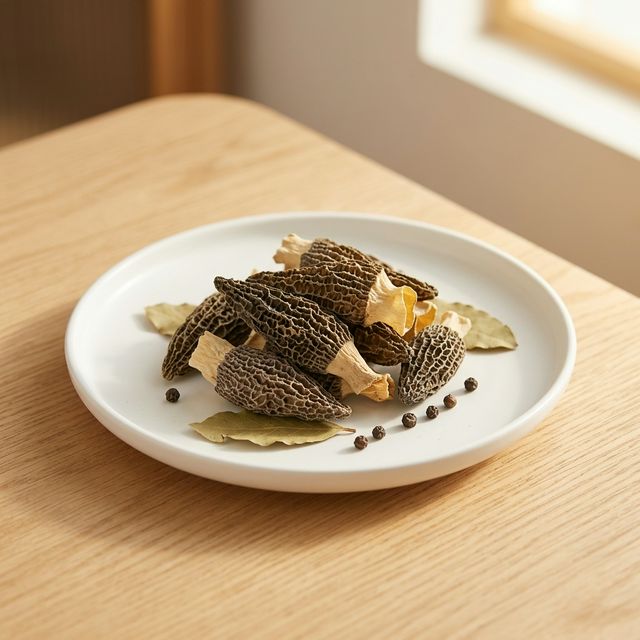 花姿盛金堂干羊肚菌特写,白瓷盘上菌体饭满纹路清晰