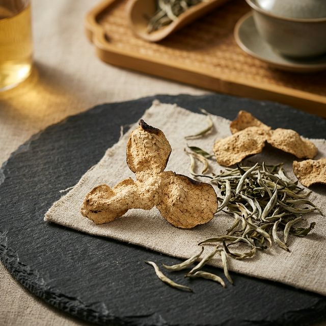 花姿盛新会陈皮与白茶叶搭配展示特写