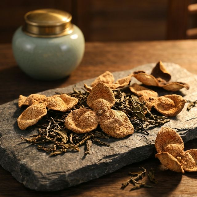 花姿盛新会陈皮产品特写，三瓣开皮搭配散茶