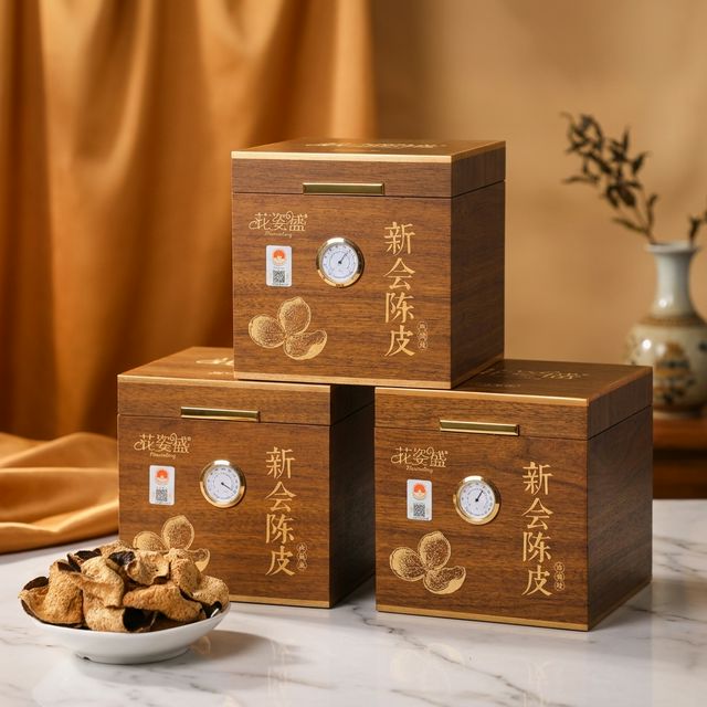 花姿盛新会陈皮特写，果皮纹理与油室细节