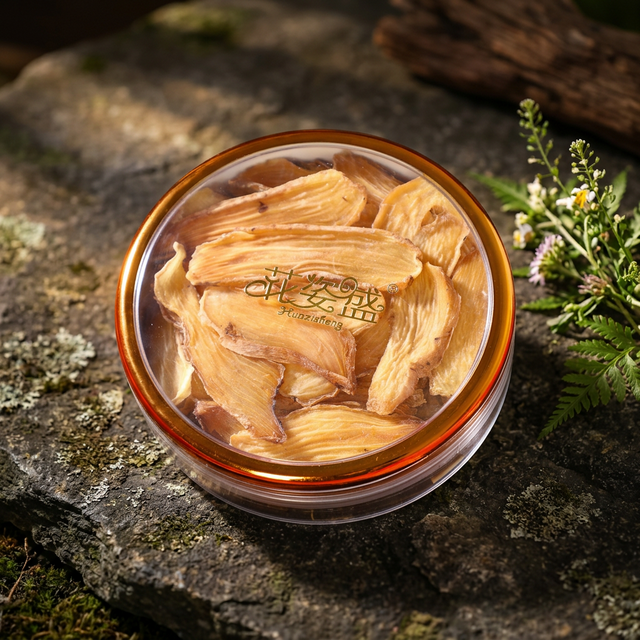 花姿盛秦岭宁陕天麻干片近景,石板上衬托山野质感