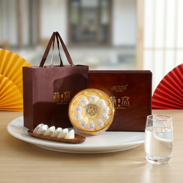 花姿盛干燕窝泡发前特写，白瓷盘盛放