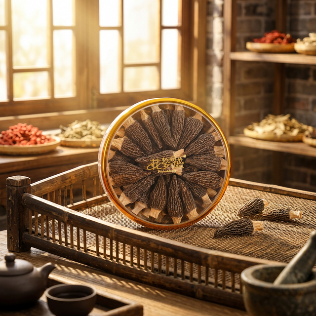 花姿盛羊肚菌干品自然光下展示,色泽均匀饱满