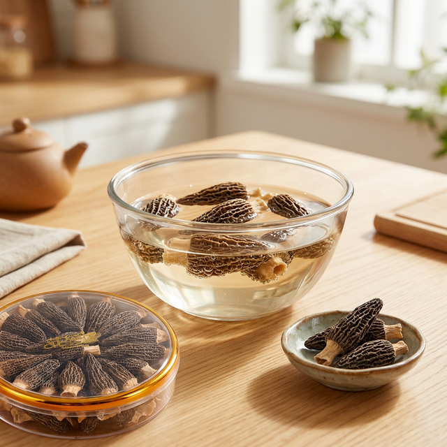 花姿盛羊肚菌泡发前后对比,展示饱满膨胀效果