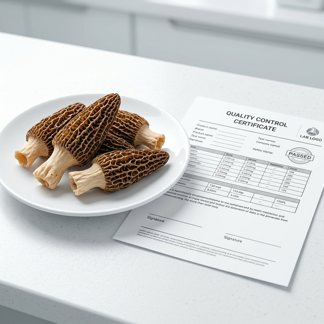 花姿盛羊肚菌干品搭配品质检测证书展示