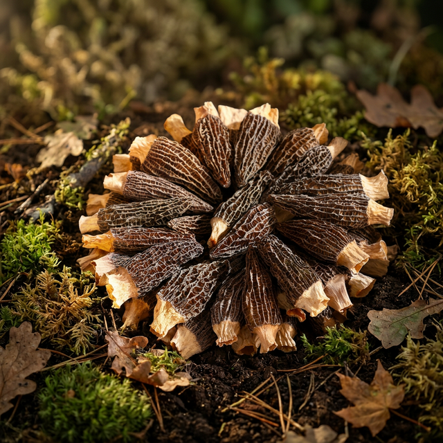 花姿盛羊肚菌置于林下腐殖质土壤上的自然环境展示