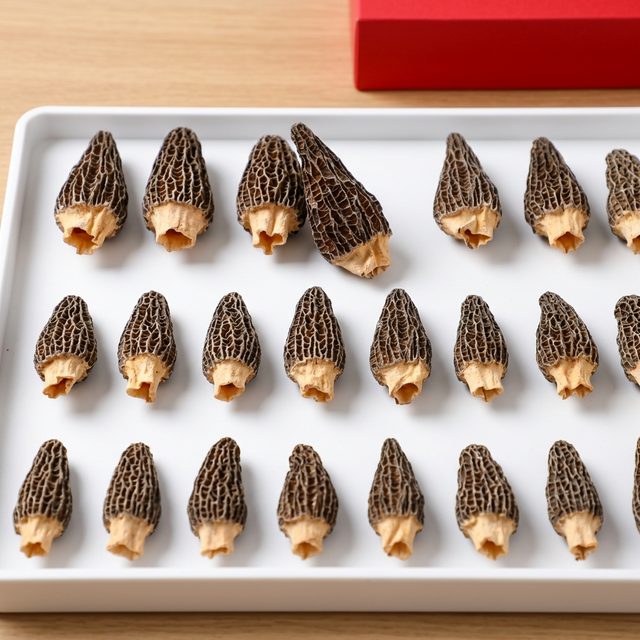 花姿盛羊肚菌按等级分行排列，展示人工分级过程