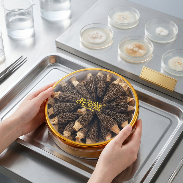 花姿盛羊肚菌搭配实验室培养皿,展示菌种到成品链路