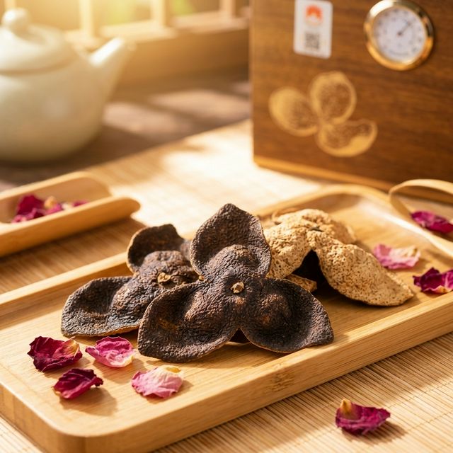 花姿盛新会陈皮特写,油室饱满纹理清晰搭配玫瑰花瓣