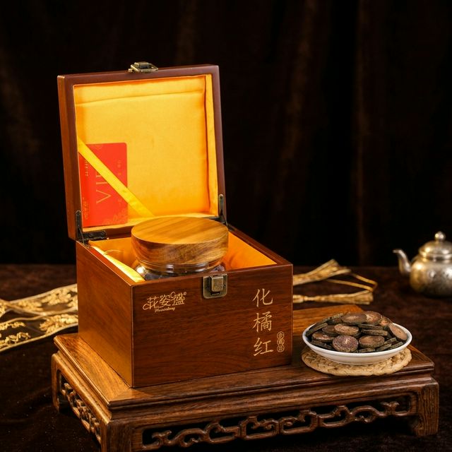 花姿盛化橘红片特写，满天星绒毛与油室清晰可见