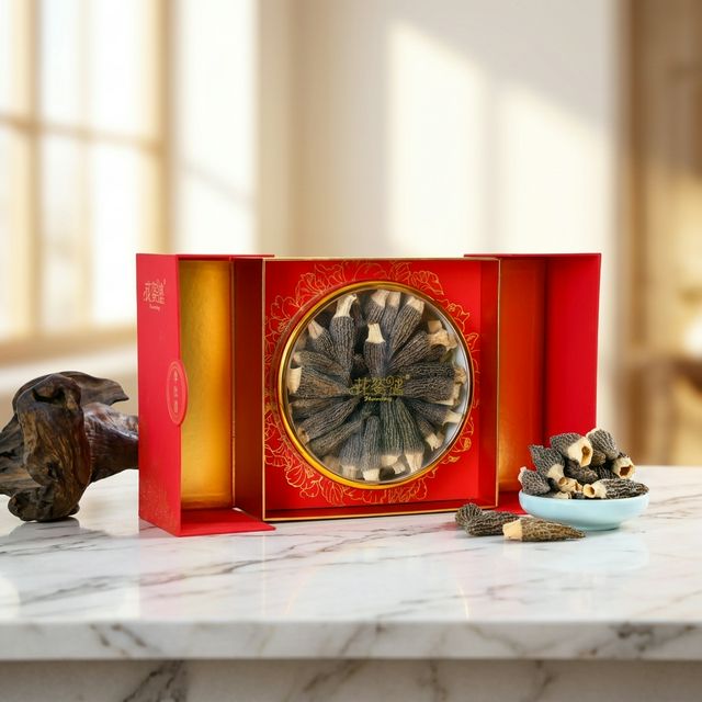 花姿盛干羊肚菌特写,完整菌体纹理清晰品质上乘