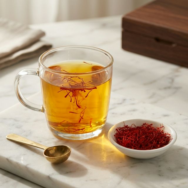 藏红花泡水冲饮场景，金黄茶汤搭配花丝