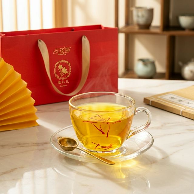 藏红花温水冲泡场景,金黄色茶汤清澈透亮