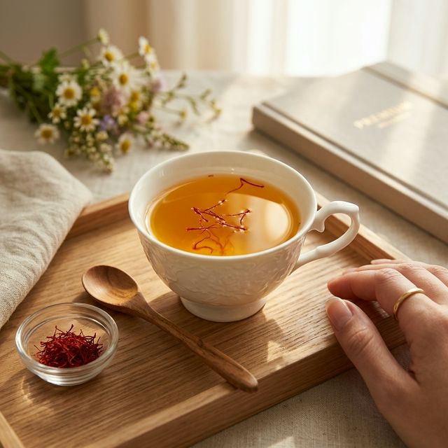 藏红花泡水场景,3-5根花丝浸泡金黄色茶汤
