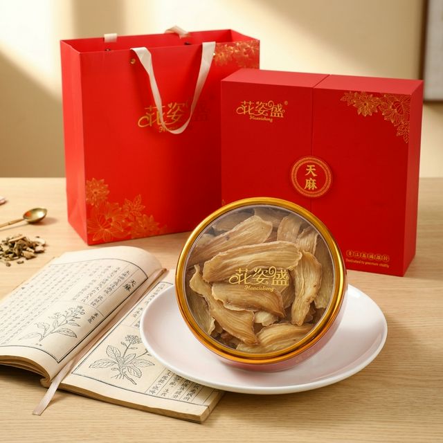 花姿盛秦岭天麻片产品特写，搭配中医药典