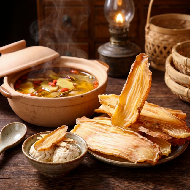 天麻炖猪脑砂锅炖煮场景,金色汤底搭配中药材