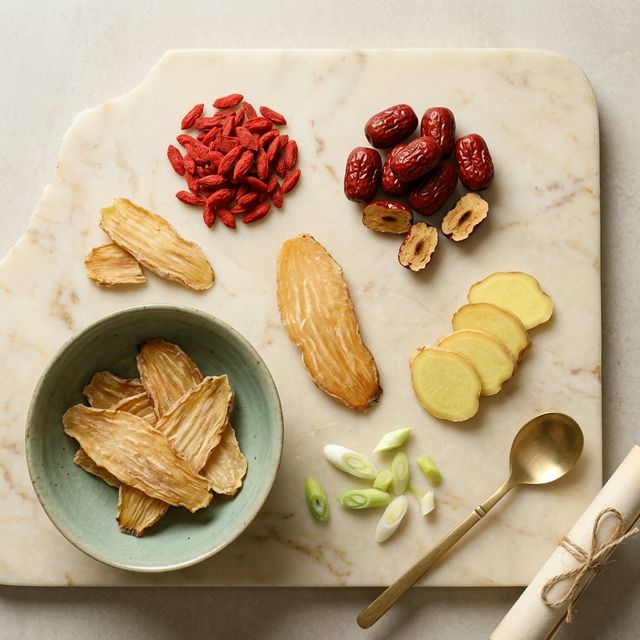 天麻搭配枸杞红枣姜片食材平铺展示