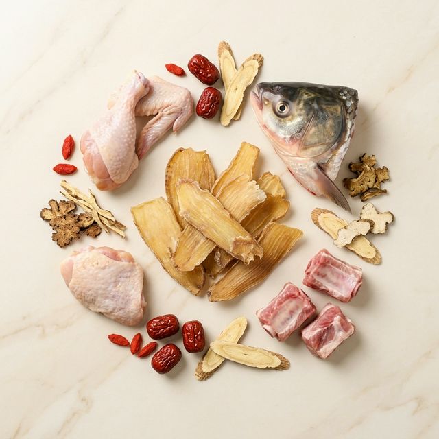 天麻搭配鸡肉鱼头排骨等炖汤食材平铺展示