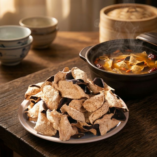 新会陈皮入汤煲制场景，暖橙色汤汁蒸汽升腾