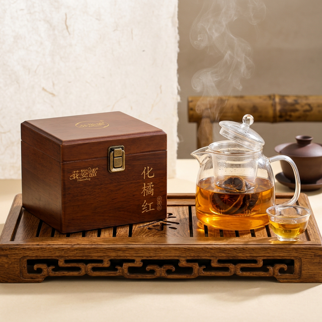 化橘红热水冲泡场景，金黄茶汤清亮诱人