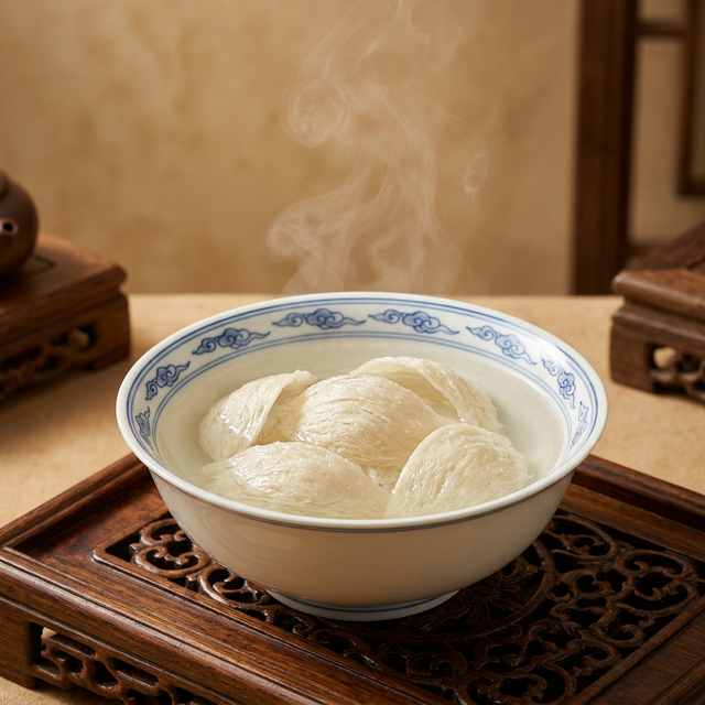 燕窝泡发炖煮过程,白瓷碗中清水浸泡燕窝