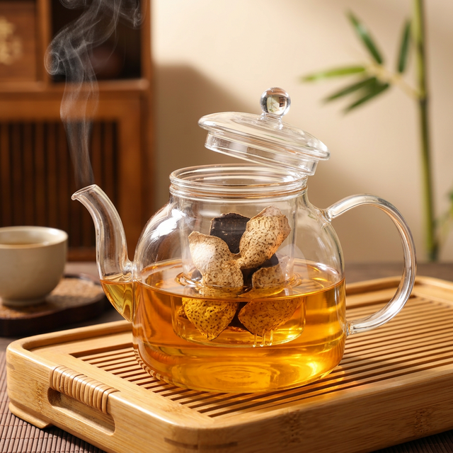 新会陈皮泡水冲饮，金黄茶汤搭配竹制茶盘