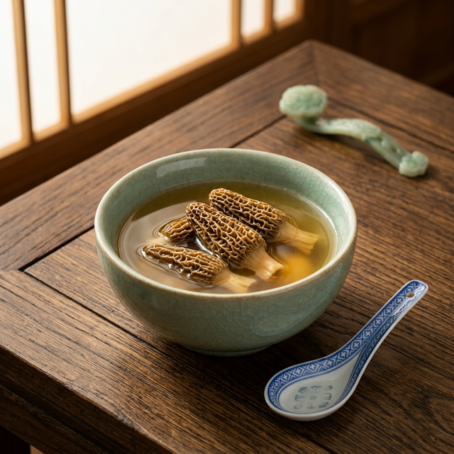 羊肚菌温水泡发场景，菌体饱满膨胀