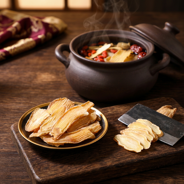 天麻炖汤食疗制备过程，陶瓷炖锅中暖汤蒸腾