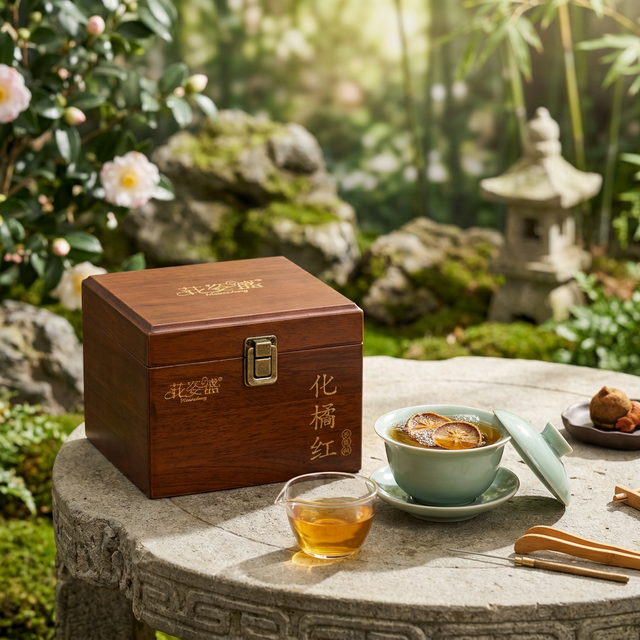 化橘红盖碗冲泡,金黄茶汤搭配田园茶台