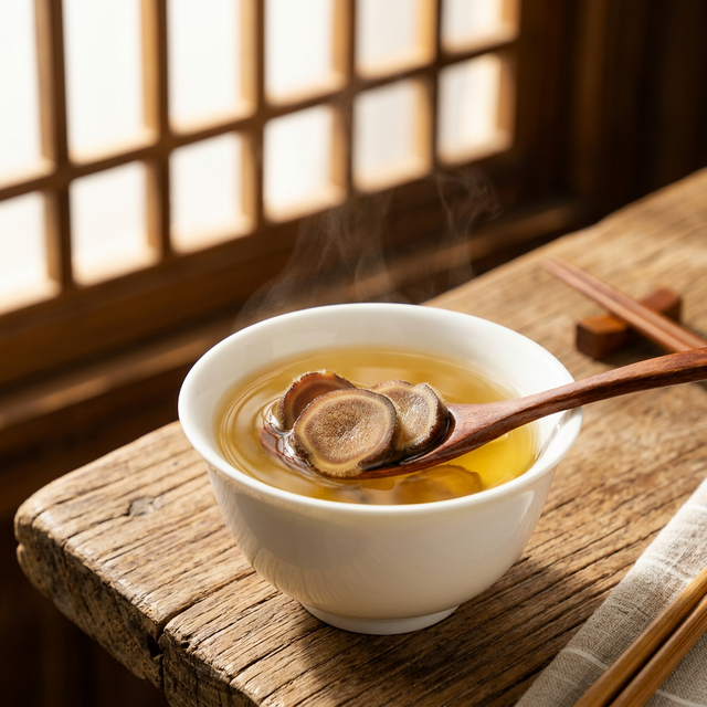 鹿茸蜡片黄酒泡服场景，白瓷碗晨光温润