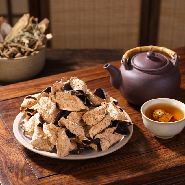 新会陈皮搭配紫砂壶泡饮，茶汤琥珀色泽温润