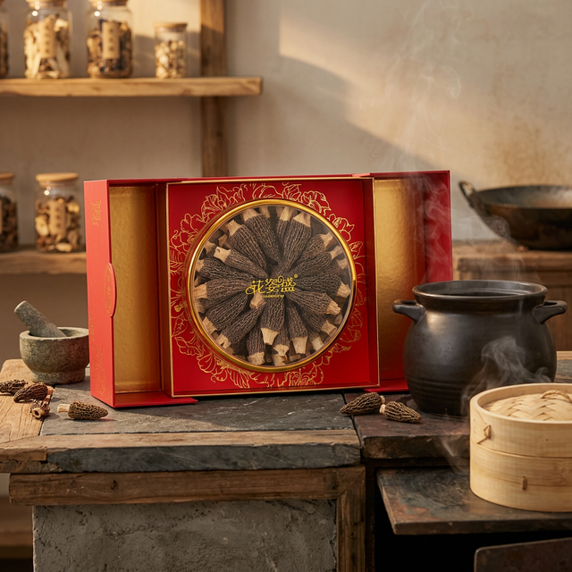 羊肚菌竹篮蒸笼备餐场景，传统烹饪氛围