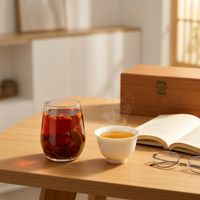 化橘红泡茶搭配白瓷杯,现代简约书桌场景