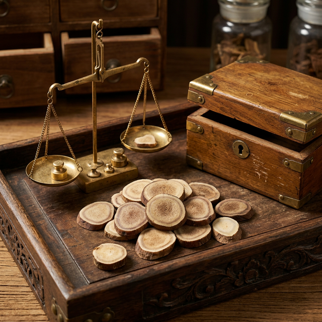 鹿茸蜡片传统中药材陈列场景，铜秤木盒展示