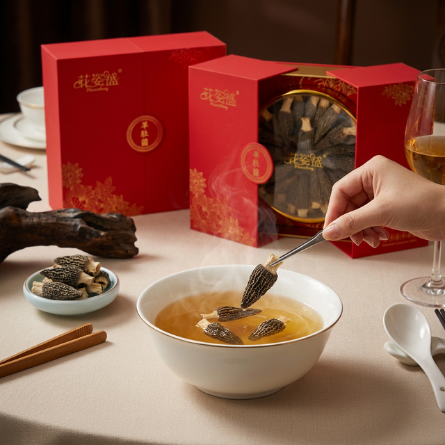 羊肚菌搭配精美瓷碗金色高汤,米其林餐饮呈现