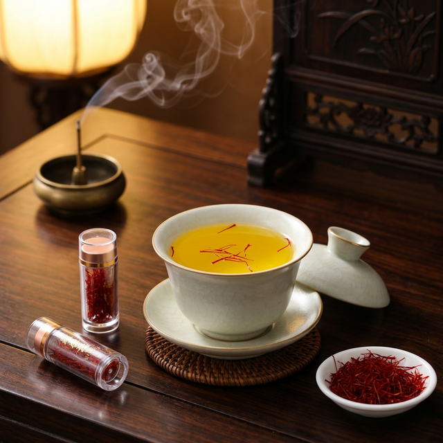 藏红花盖碗冲泡的金黄茶汤场景