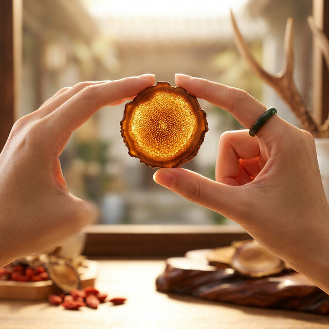 鹿茸蜡片透光观察场景,展示琥珀色半透明品质