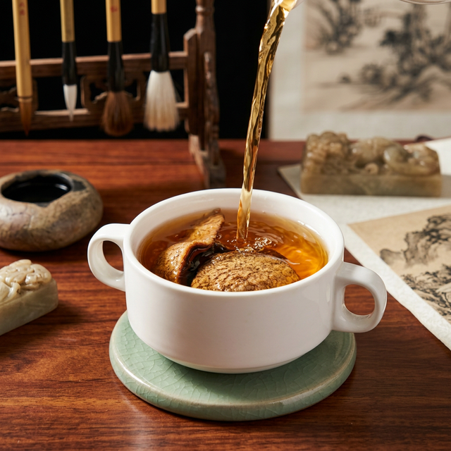 新会陈皮在瓷碗中展示,搭配红木桌与毛笔营造传统韵味