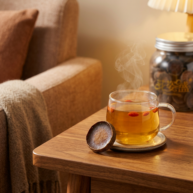 化橘红泡茶搭配玻璃杯,温馨居家饮用场景