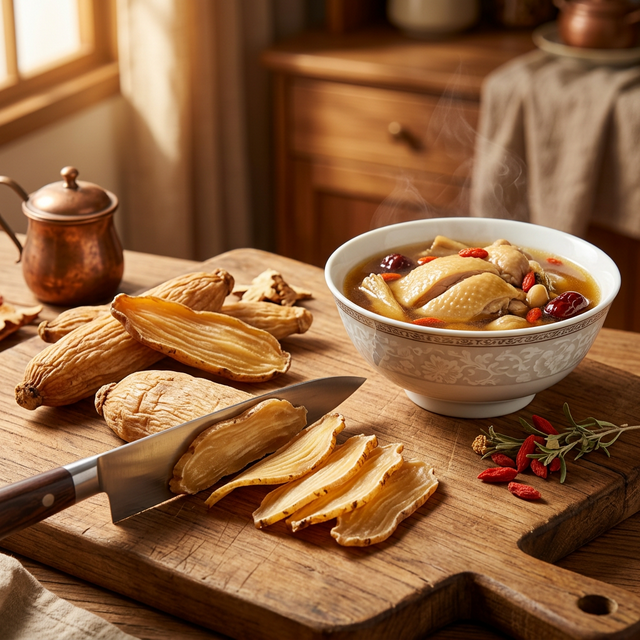 天麻炖鸡汤制备场景，家庭厨房中暖心食疗