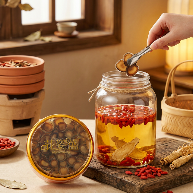 鹿茸蜡片泡入玻璃罐药酒制作场景