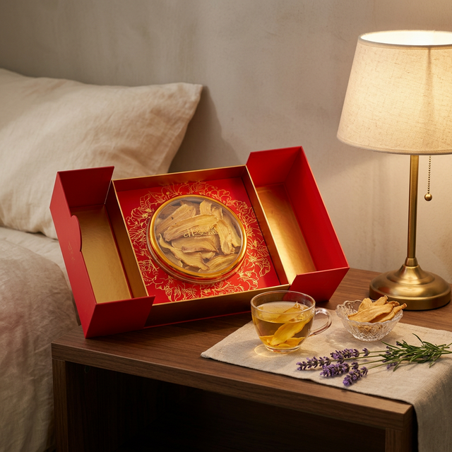 睡前天麻安神茶场景,温馨卧室台灯旁的金色茶汤