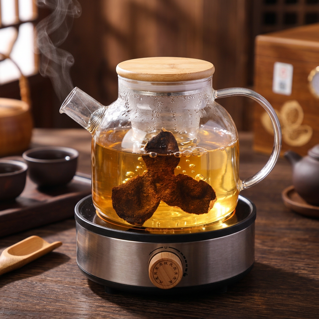 花姿盛新会陈皮在玻璃壶中煮茶,金色茶汤温润诱人