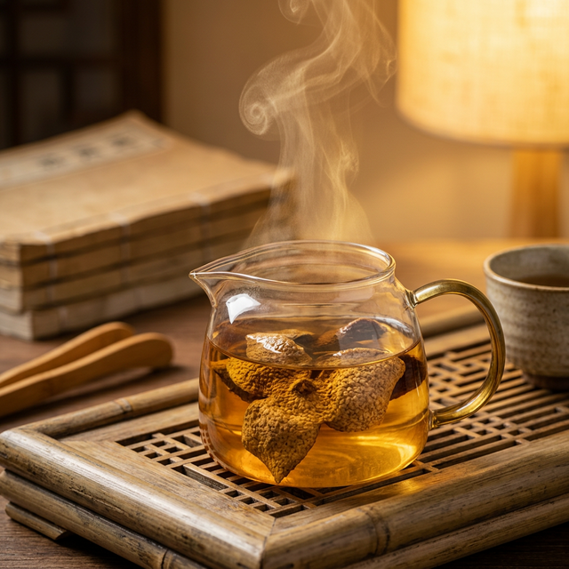 新会陈皮冲泡场景，茶汤呈琥珀金色