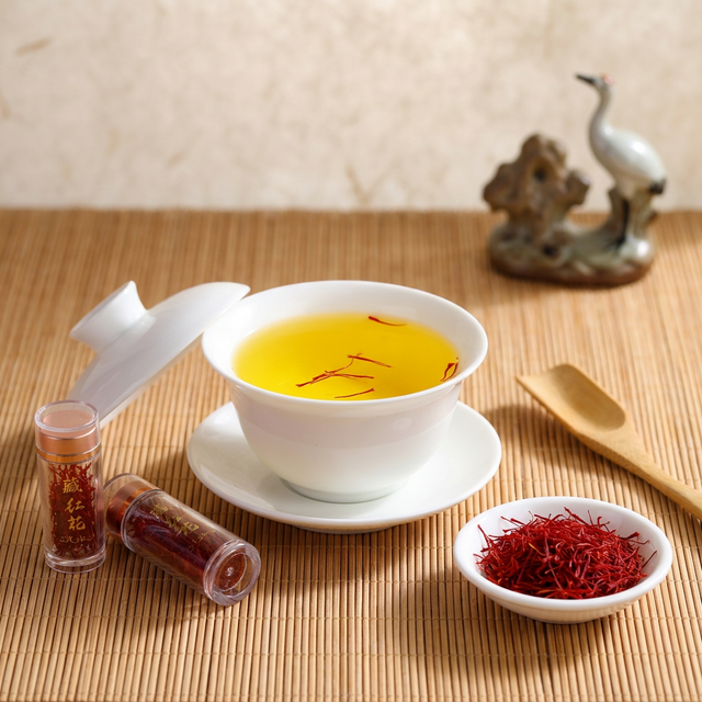 花姿盛藏红花冲泡出金黄透亮的茶汤