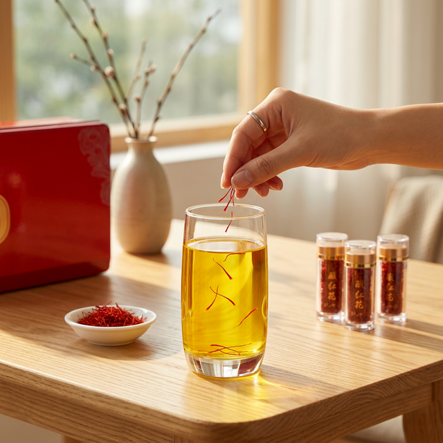 花姿盛藏红花冲泡出金黄透亮茶汤