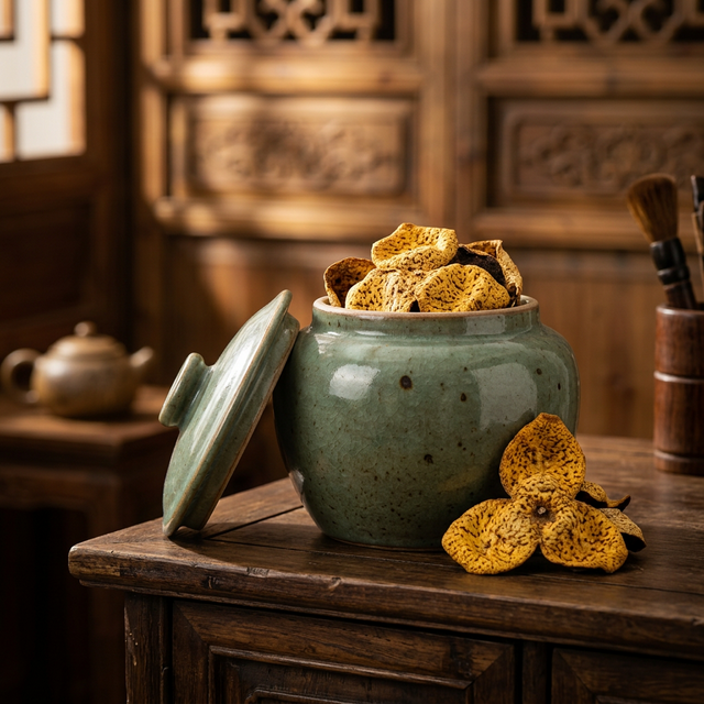 陈皮在陶罐中自然陈化的传统存放方式